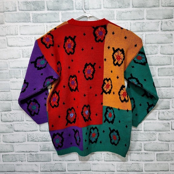Vintage Fabriano Colorblock‎ Floral Sweater 90s Bold Geometric Knit Unisex - Picture 5 of 8